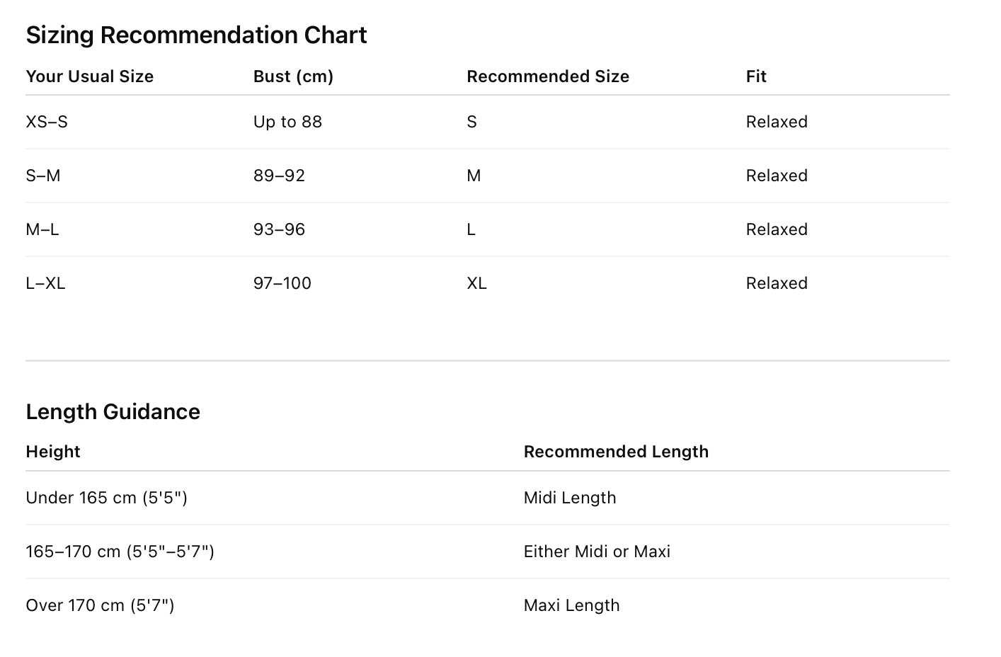 sizing recommendation chart